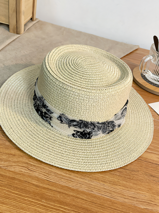 Flat Top Ink Belt Straw Beach Hat