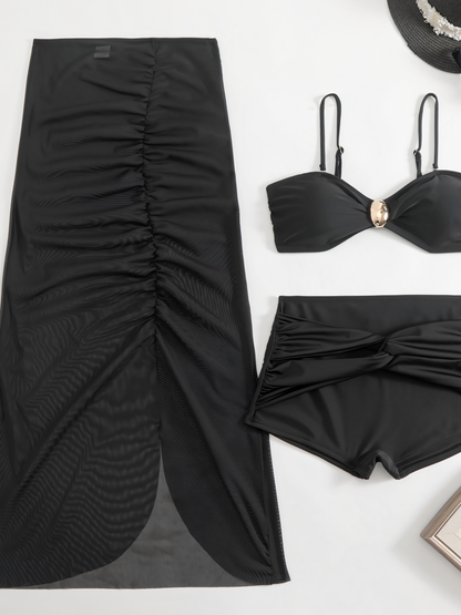 Solid Color Bustier Mesh Tankini Set
