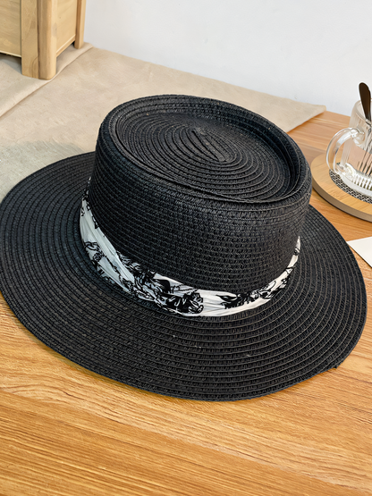 Flat Top Ink Belt Straw Beach Hat