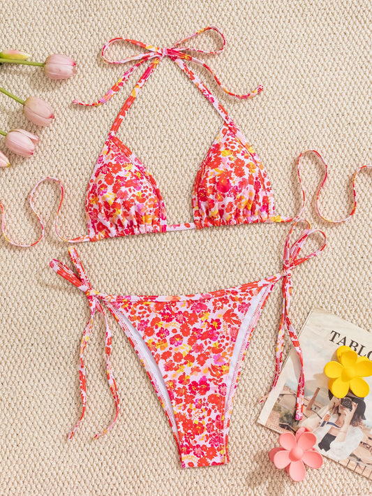 Red Floral Print Tie-Side Bikini