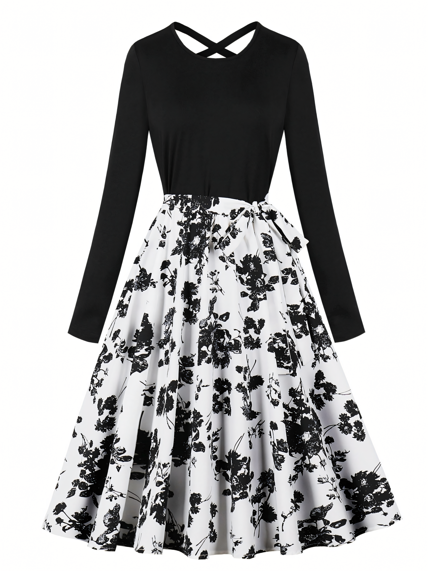 Black Floral Long-sleeved Midi Dress