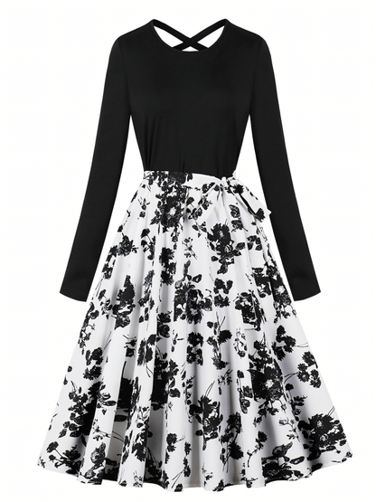 Black Floral Long-sleeved Midi Dress