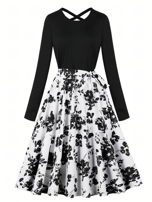 Black Floral Long-sleeved Midi Dress