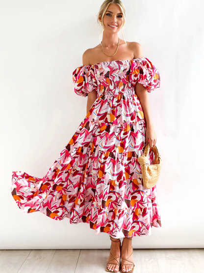 Rose Printed Puffy Bubble Sleeve  Midi Dress