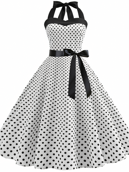 Vintage Polka Dot Halterneck tie Hepburn Midi Dress