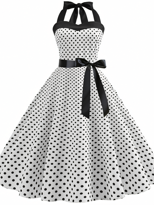 Vintage Polka Dot Halterneck tie Hepburn Midi Dress