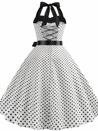 Vintage Polka Dot Halterneck tie Hepburn Midi Dress