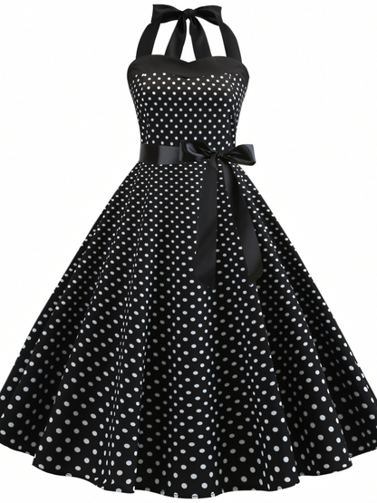 Vintage Polka Dot Halterneck tie Hepburn Midi Dress