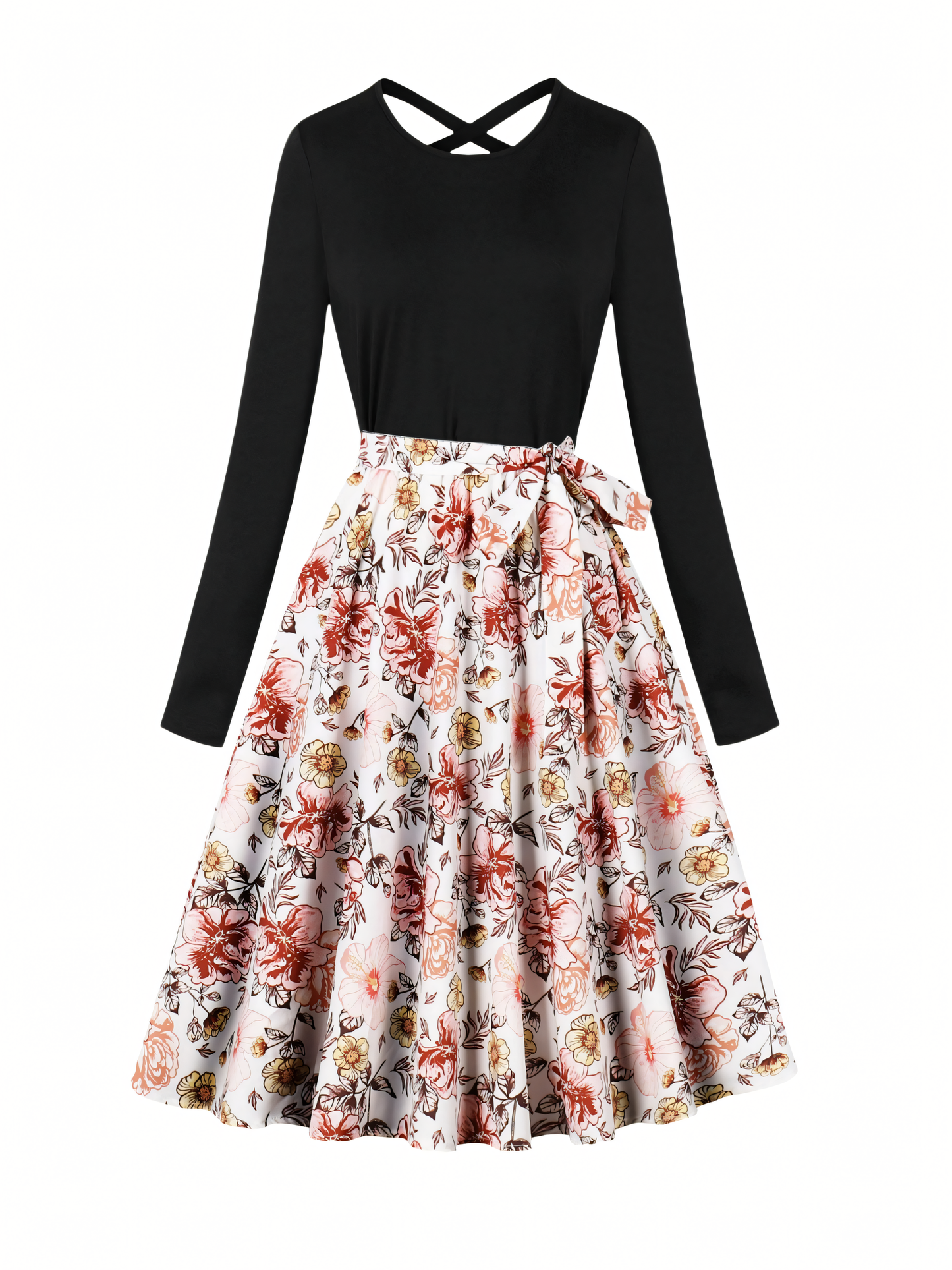 Pink Floral Long-sleeved Midi Dress