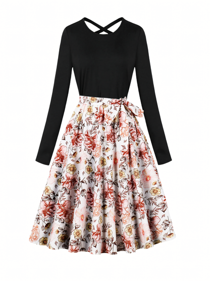 Pink Floral Long-sleeved Midi Dress