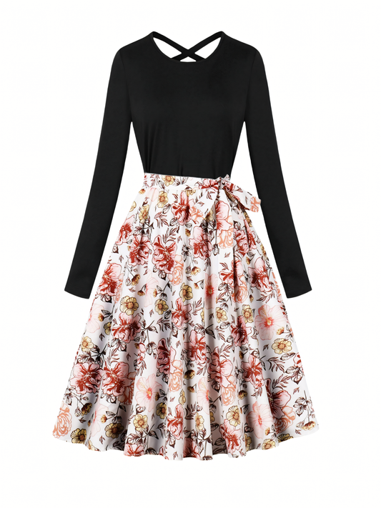 Pink Floral Long-sleeved Midi Dress