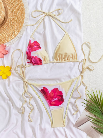 Beige Flower Print Tie-Side Bikini