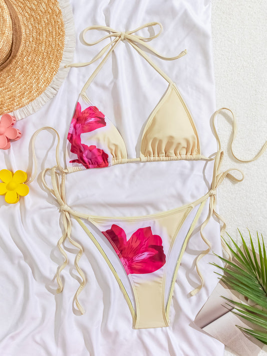Beige Flower Print Tie-Side Bikini