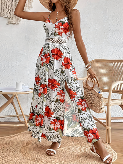 White Printed Bohemia Lace Halter Maxi Dress