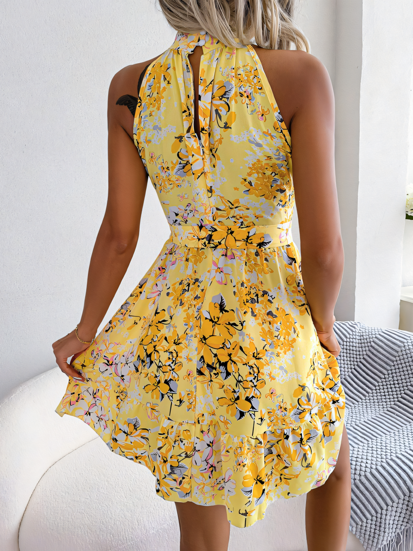 Yellow Floral Halterneck Waist Mini Dress