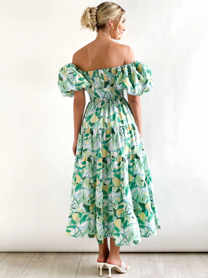 Green Yellow Leaves Printed Puffy Bubble Sleeve  Midi Dress
