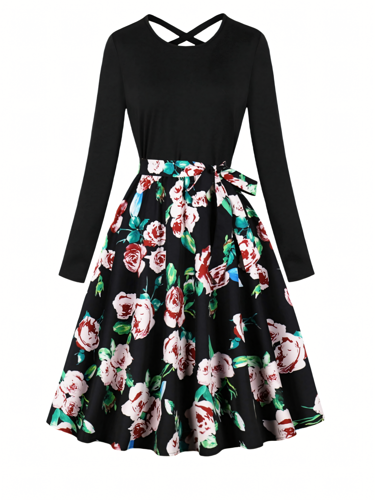Red Floral Long-sleeved Midi Dress