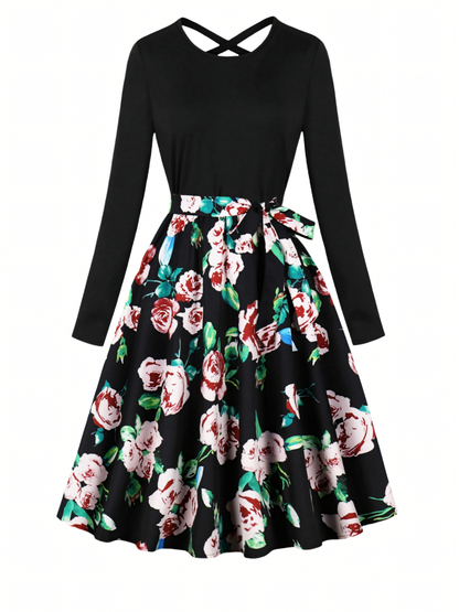 Red Floral Long-sleeved Midi Dress