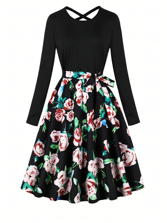 Red Floral Long-sleeved Midi Dress