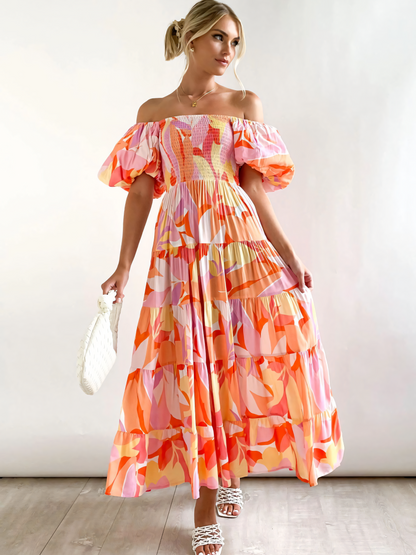 Orange Red Printed Puffy Bubble Sleeve  Midi Dress