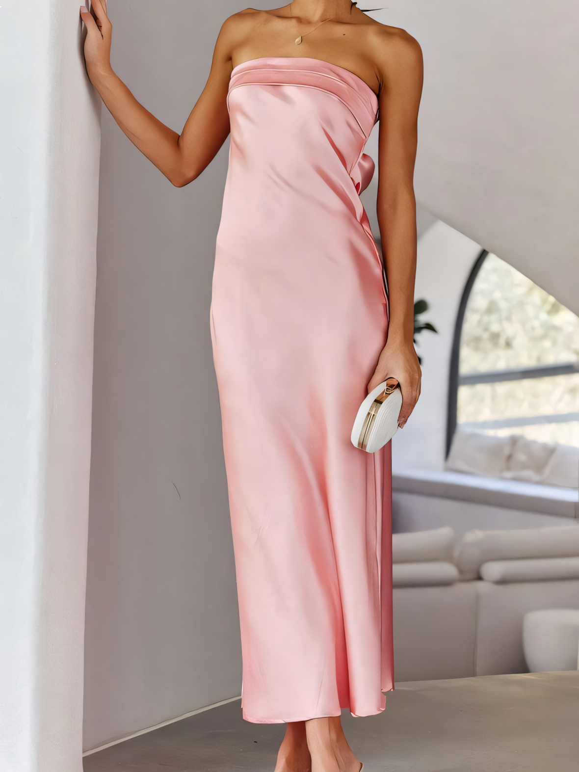 Solid Color Satin Backless Sheath Maxi Dress