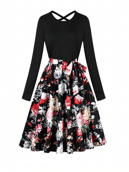 Red White Floral Long-sleeved Midi Dress