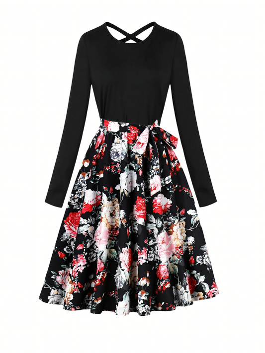Red White Floral Long-sleeved Midi Dress