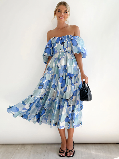 Blue Printed Puffy Bubble Sleeve  Midi Dress