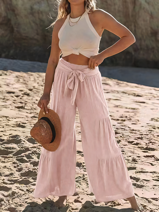 Strappy High-waisted Pleated Loose-fitting Pants
