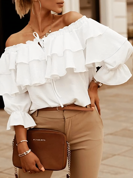 Elastic Shoulder Tie Ruffle Mid Sleeve Shirt