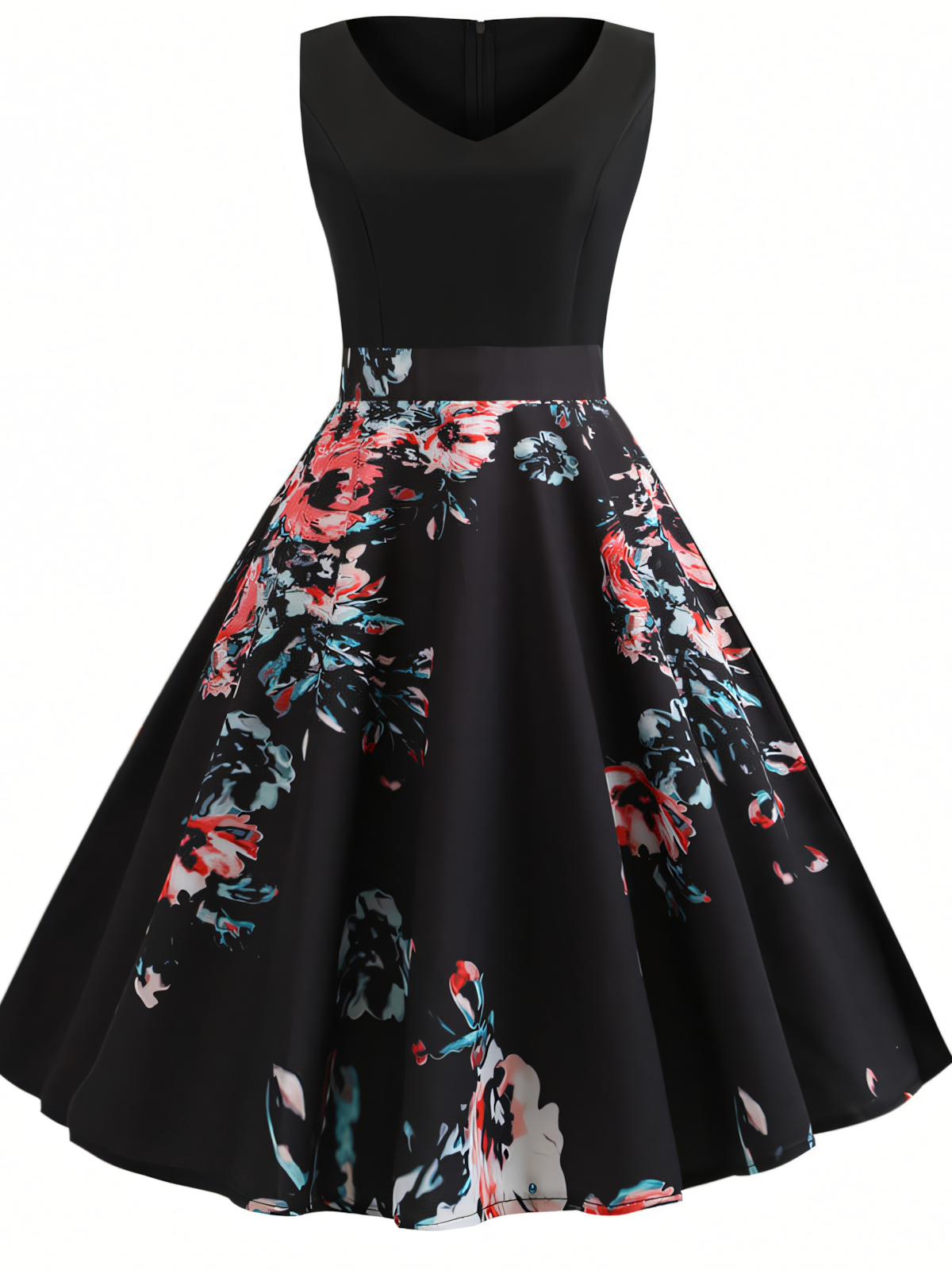 Red Floral V-neck  Midi Dress