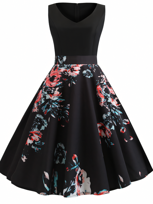 Red Floral V-neck  Midi Dress