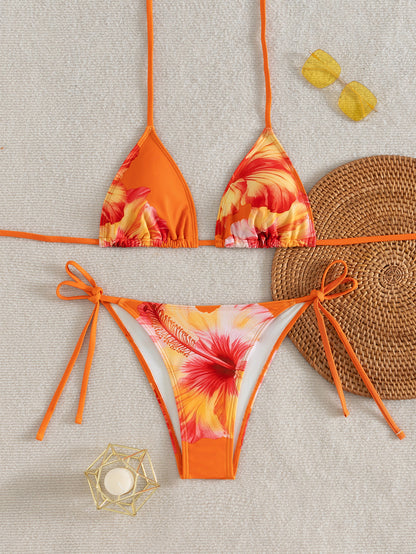 Orange Flower Printed Tie-Side Bikini