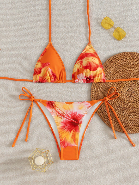 Orange Flower Printed Tie-Side Bikini