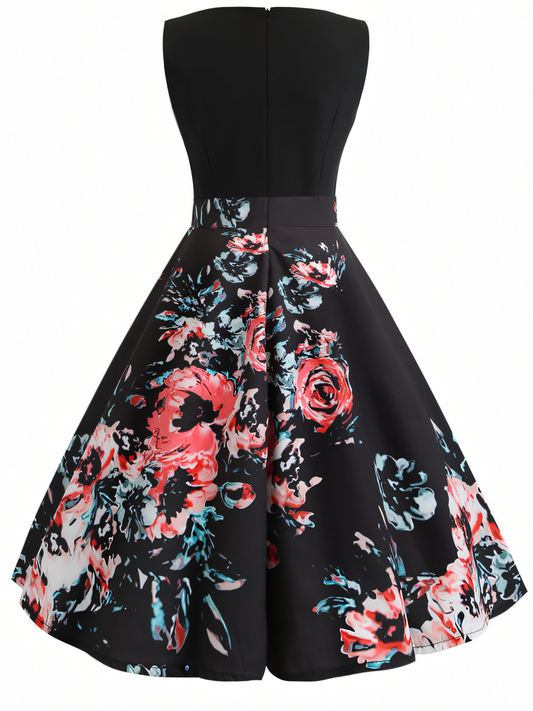 Red Floral V-neck  Midi Dress