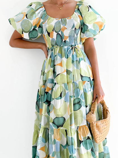 Green Round Printed Puffy Bubble Sleeve  Midi Dress