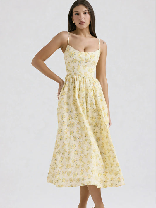 Sweet&Sexy Yellow Floral Backless Halter Midi Dress