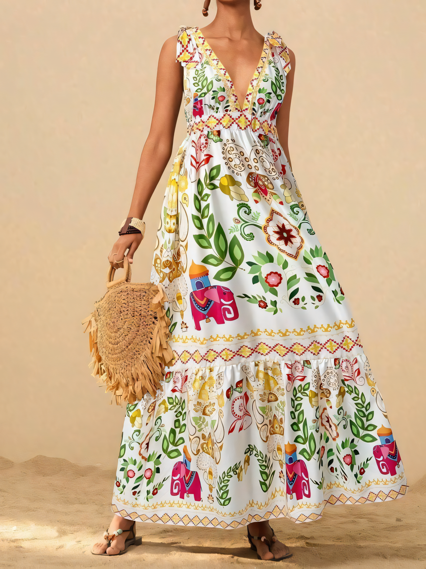 White Floral Printed Beach Maxi Dress