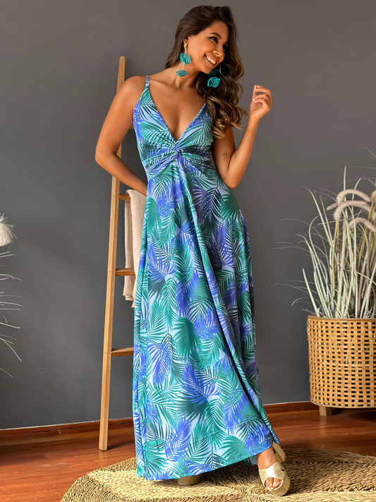 Light-blue Printed Halter V-neck Maxi Dress