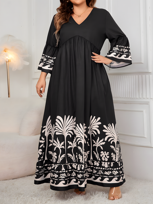 Black White Elegant V-neck Printed Maxi Dress