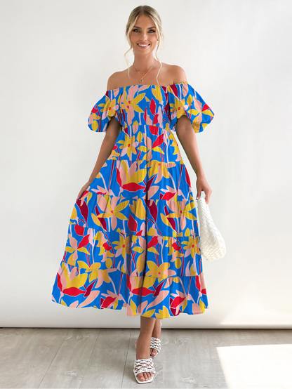 Blue Yellow Printed Puffy Bubble Sleeve  Midi Dress