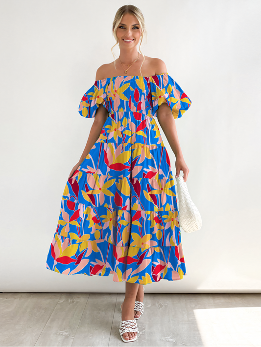Blue Yellow Printed Puffy Bubble Sleeve  Midi Dress