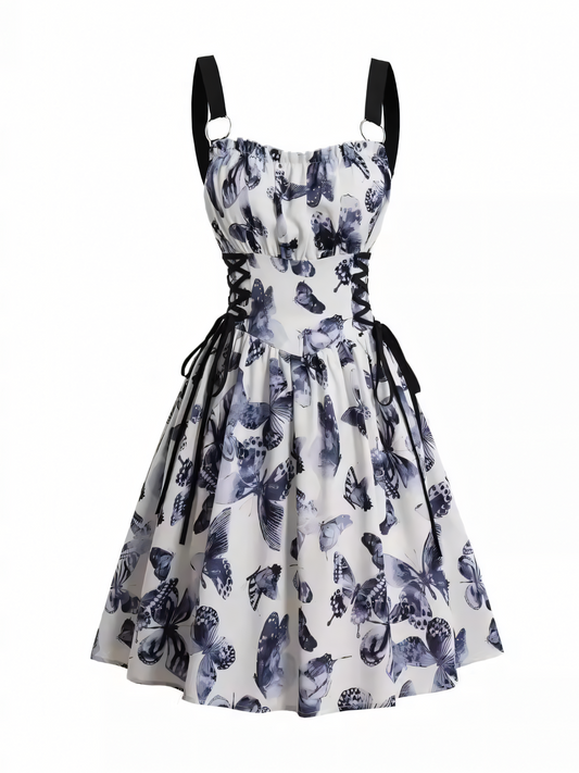 Butterfly Print Lace-up Slip Midi Dress