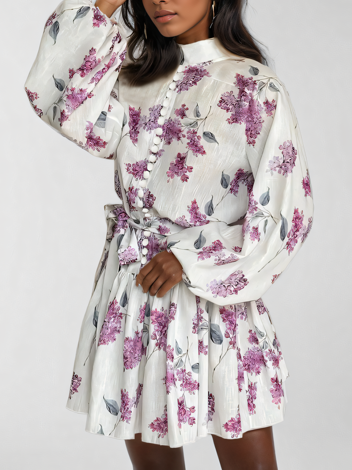 Long-sleeved Lace-up Floral  Mini Dress