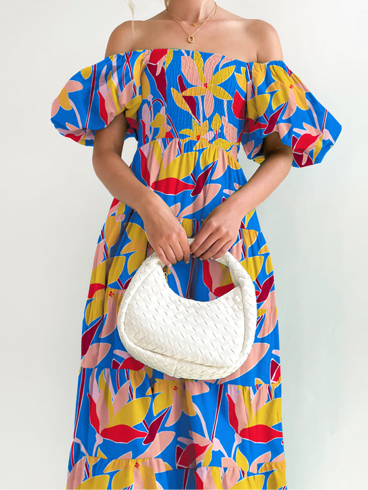 Blue Yellow Printed Puffy Bubble Sleeve  Midi Dress