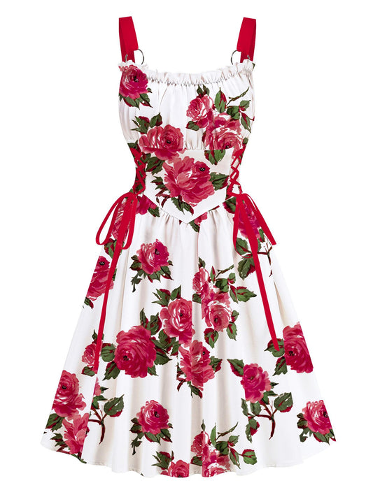 Red Floral Printed Drawstrings Elegant  Midi Dress