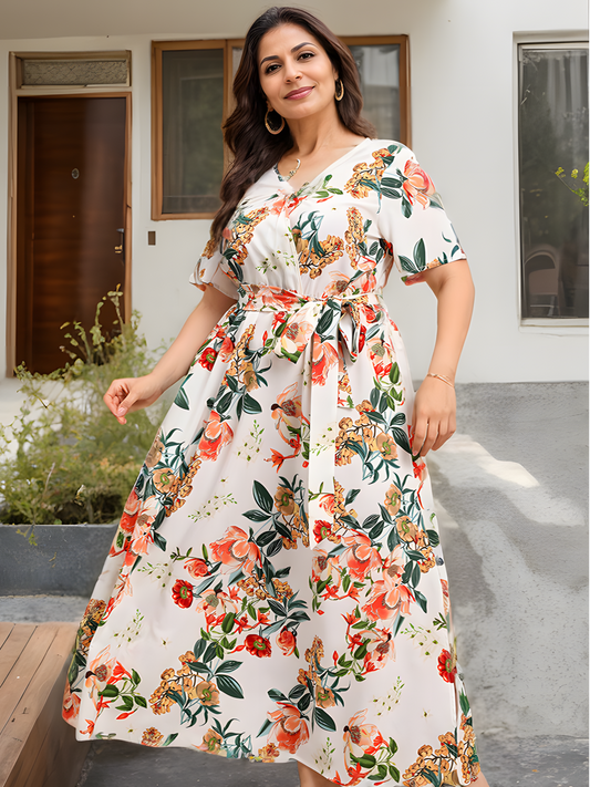 V-neck White Flower Print Elasticated  Maxi Dress