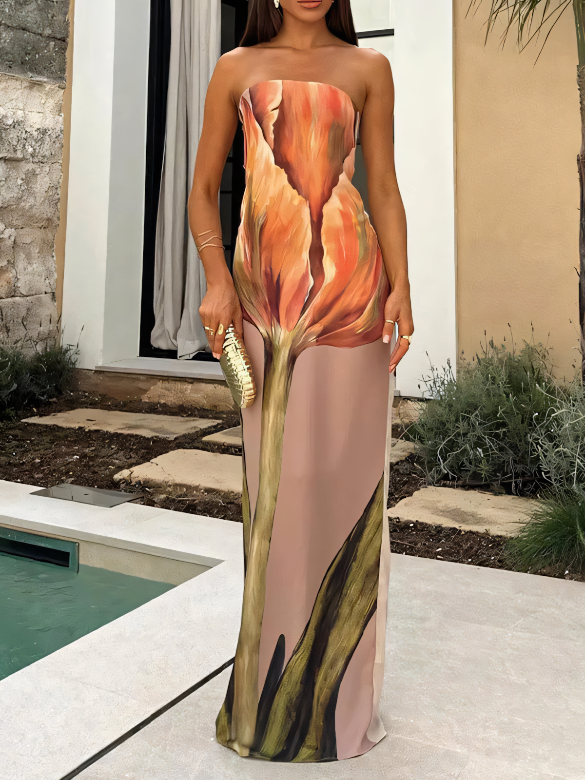 Printed Backless Bandeau  Maxi Dress