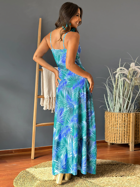 Light-blue Printed Halter V-neck Maxi Dress