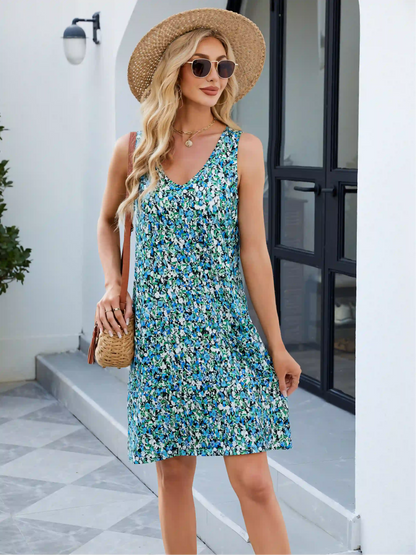 Green Printed Halter Loose Casual Sleeveless Midi Dress
